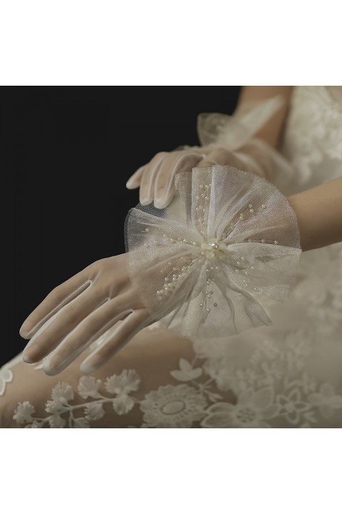 White Pearl Decor Elastic Tulle Wedding Bridal Gloves