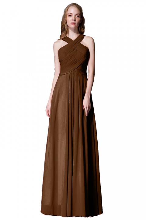 Chic Criss-cross Halter Pleated Chiffon Bridesmaid Dress Long