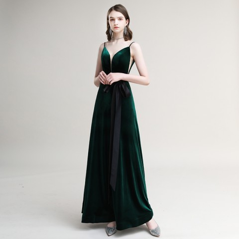 Deep V-Neck Spaghetti Straps Bow Belt Design Velvet Party Dress