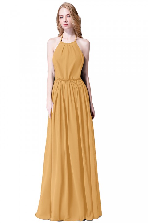 Halter Spaghetti Strap Open Back Chiffon Bridesmaid Dress with Sash