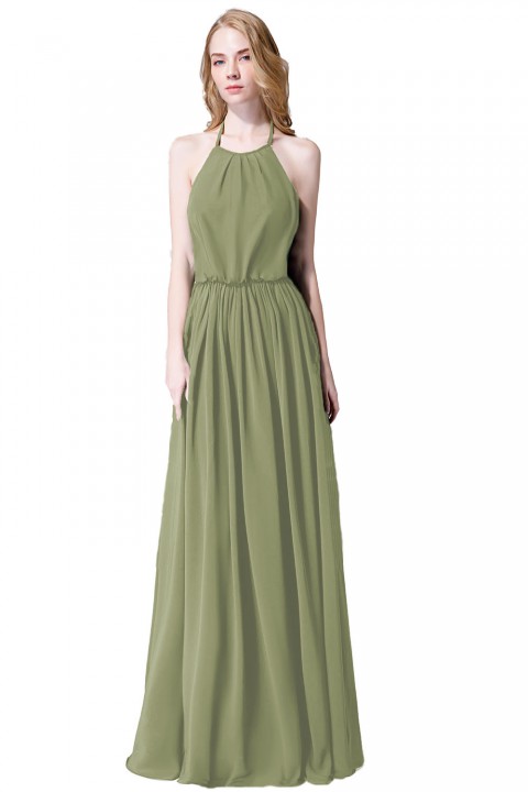 Halter Spaghetti Strap Open Back Chiffon Bridesmaid Dress with Sash