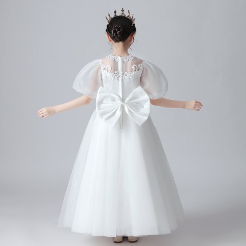 White Cap Sleeves Princess Tulle Skirt Flower Girl Dresses With Big Bow Back