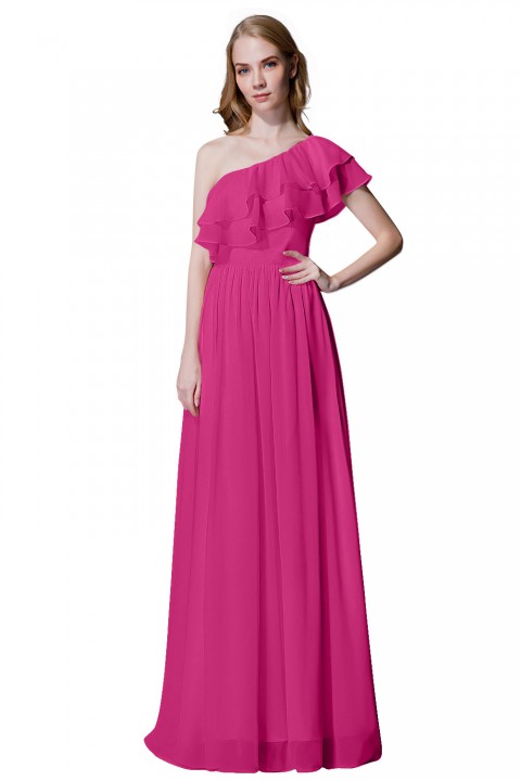 Asymmetrical One-Shoulder Flounce Chiffon Bridesmaid Dress Long