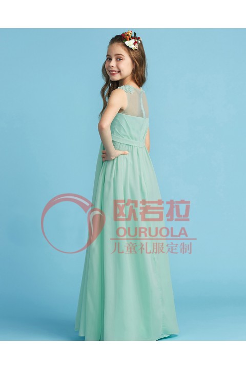 Round Neck Sleeveless Pleated Chiffon Junior Bridesmaid Dresses