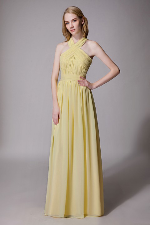 Criss-cross Halter Pleated Chiffon Bridesmaid Dress with Cross-straps Back