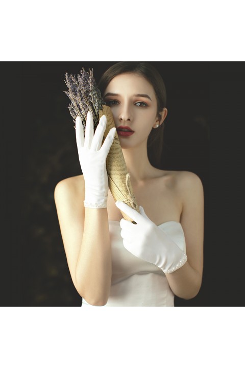 Casual White Beads Flower Shape Decor Tulle Wedding Bridal Gloves