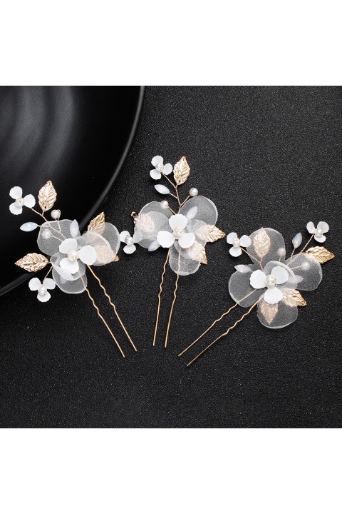 Floral Leaf Shaped Pearl Mesh Bridal Hairpin (1 in a set)