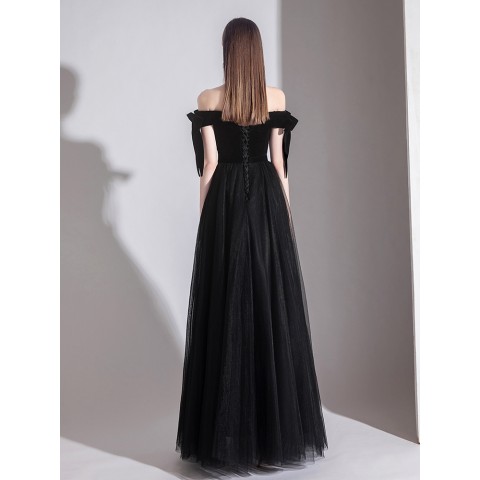 Black Sweetheart Bow Straps Shoulder Design Tulle Skirt Velvet Party Dress