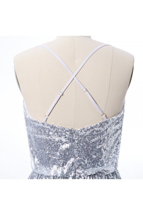 Adjustable Spaghetti Straps Crisscross Tie Back Sequin Bridesmaid Dress