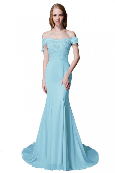 Elegant Mermaid Off Shoulder Chiffon Lace Straight Bridesmaid Dress with Train