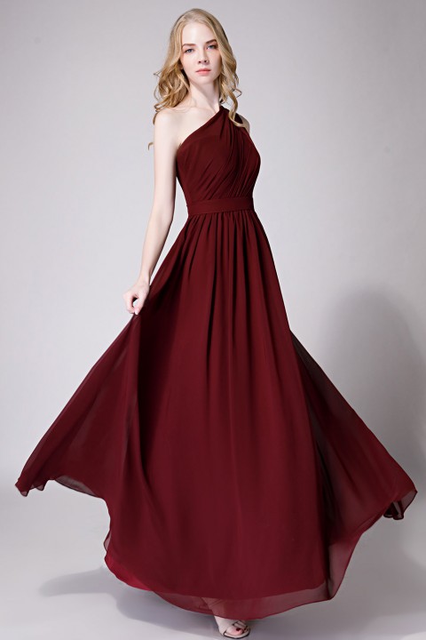 Illusion One-Shoulder Chiffon Pleated Bridesmaid Dress Long