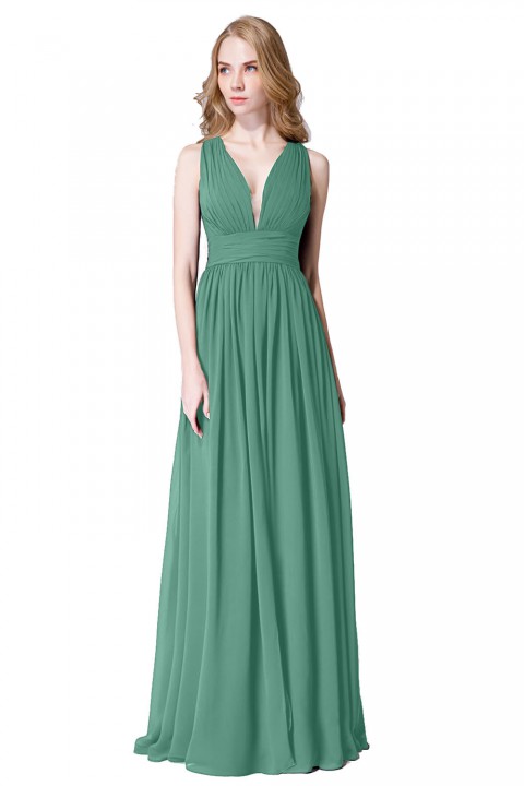 Sexy Deep V-Neck Plunging Silt Bridesmaid Dress with Keyhole Back