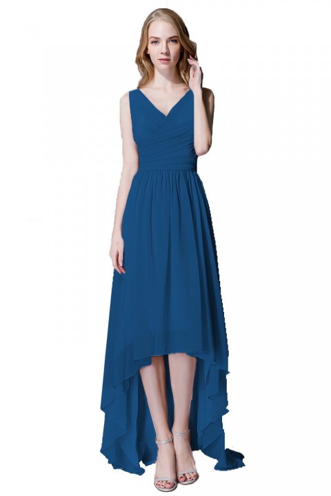 Romantic High-Low V-Neck Chiffon Ruched Bridesmaid Dress