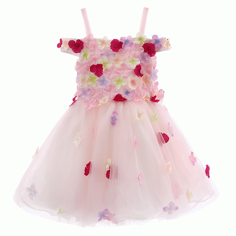 Light Pink Spaghetti Straps Flowers Shape Decor Tulle Skirt Girls Pageant Dresses