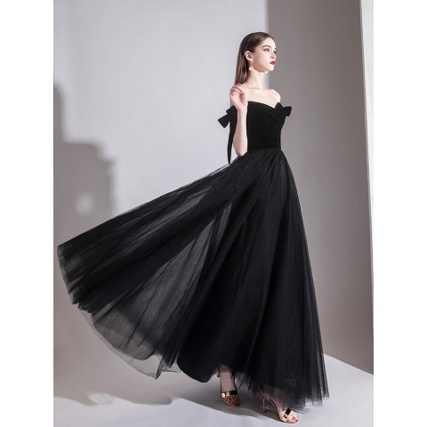 Black Sweetheart Bow Straps Shoulder Design Tulle Skirt Velvet Party Dress