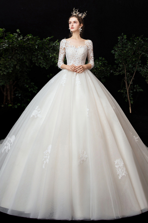 2021 Junoesque Off Shoulder Long Sleeves Applique Decor Tulle Wedding Dress With Long Train