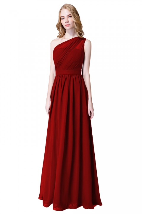 Illusion One-Shoulder Chiffon Pleated Bridesmaid Dress Long