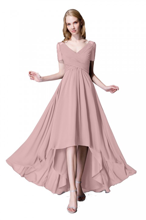 Criss Pleated V-neck High-low Chiffon Bridesmaid Dress with Illusion Sleeves