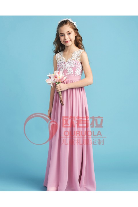 Pink Lace V-Neck Sleeveless Chiffon Skirt Junior Bridesmaid Dresses