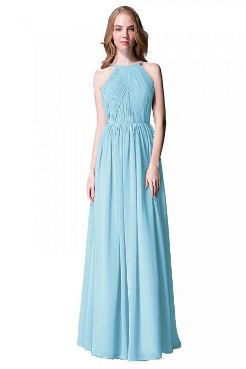 Pleated A-Line Halter Spaghetti-Straps Back Chiffon Bridesmaid Dress