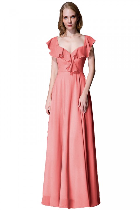 V Neck Cascading Ruffles Sleeve Bow Back Bridesmaid Dress 