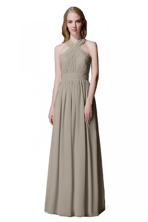 Criss-cross Halter Pleated Chiffon Bridesmaid Dress with Cross-straps Back