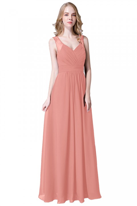 V Neck Illusion Lace Straps Keyhole Back Chiffon Ruched Bridesmaid Dress