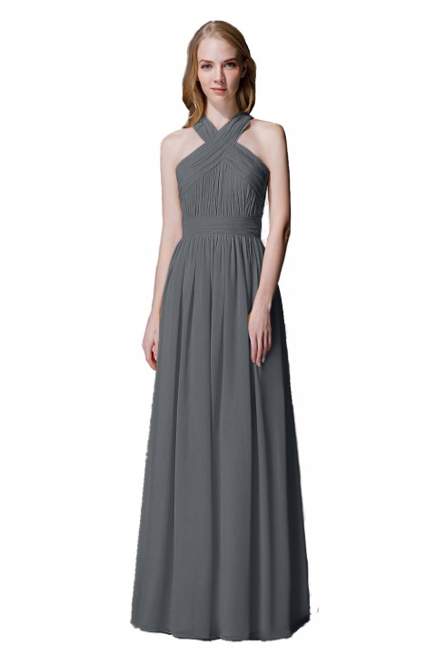 Criss-cross Halter Pleated Chiffon Bridesmaid Dress with Cross-straps Back