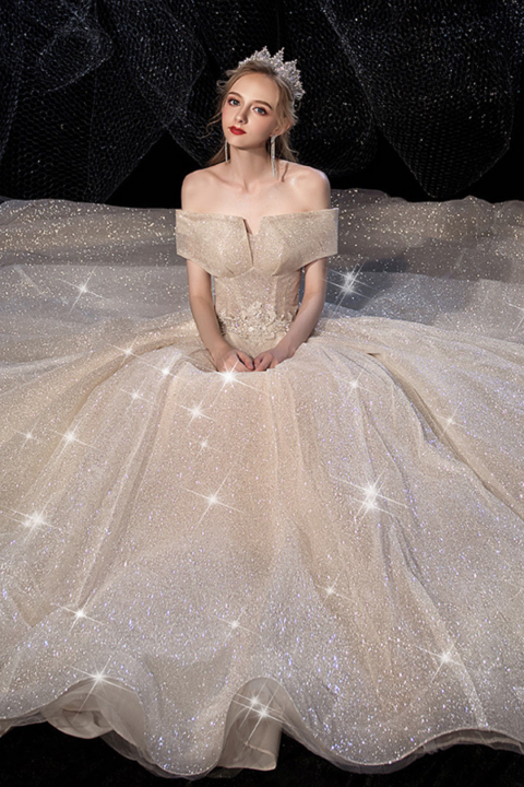 2021 New Glittery Off Shoulder Sleeveless Star Series Tulle Wedding Dress With Long Train