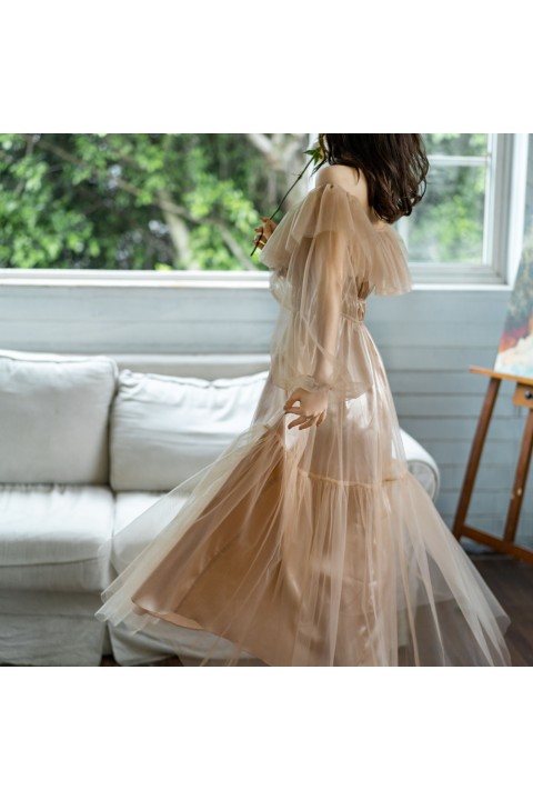 Khaki Off Shoulder Flounce Decor Long Lantern Sleeves High Waist Satin Bridesmaid Dress