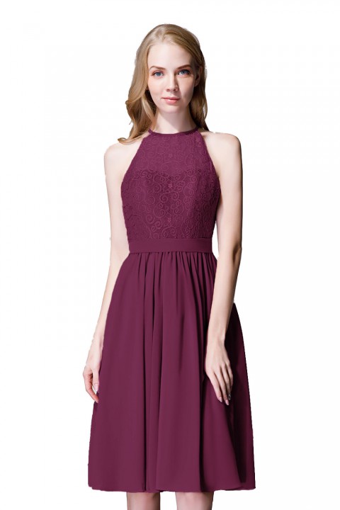 Illusion High Neck Halter Lace Short Bridesmaid Dress with Tie Detail