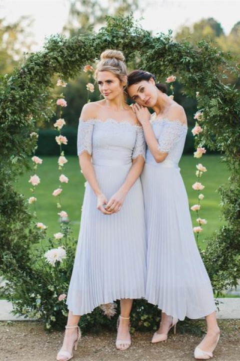 Lace Off Shoulder Straight Pleated Bridesmaid Dress with Short Sleeves