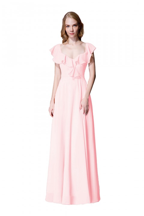 V Neck Cascading Ruffles Sleeve Bow Back Bridesmaid Dress 