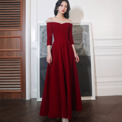 Burgundy Elegant Off Shoulder Sweetheart Ruffle Neck Vintage Velvet Party Dress