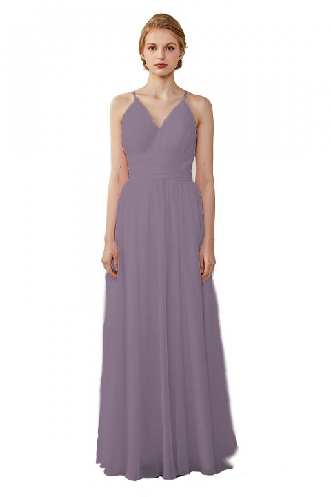 Spaghetti Straps V-Neck Bridesmaid Dress Open Back with Triangle Lace Detail