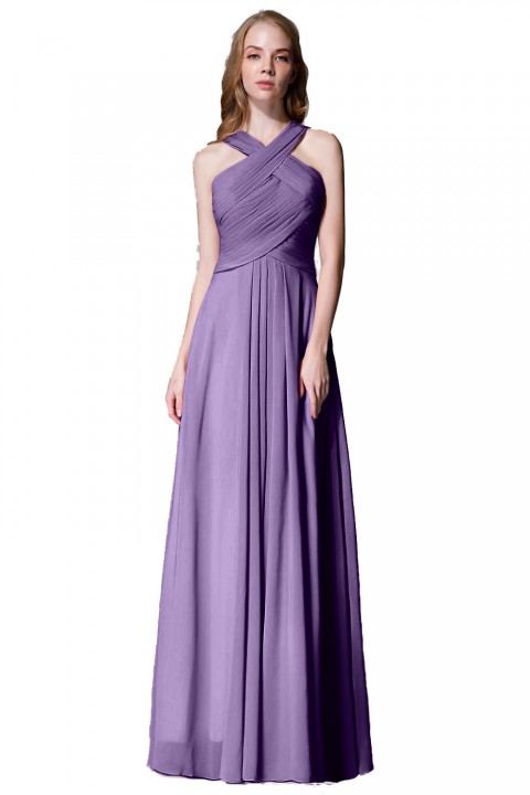 Chic Criss-cross Halter Pleated Chiffon Bridesmaid Dress Long