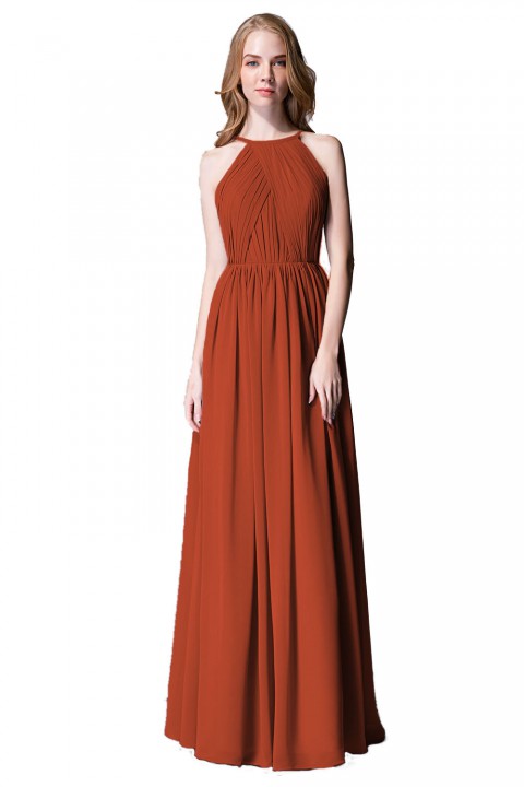 Pleated A-Line Halter Spaghetti-Straps Back Chiffon Bridesmaid Dress