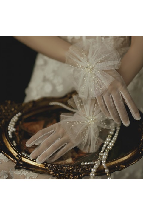 White Pearl Decor Elastic Tulle Wedding Bridal Gloves