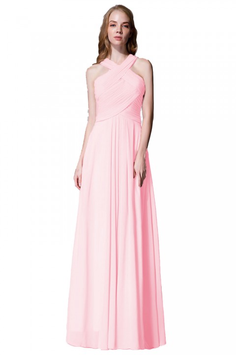 Chic Criss-cross Halter Pleated Chiffon Bridesmaid Dress Long