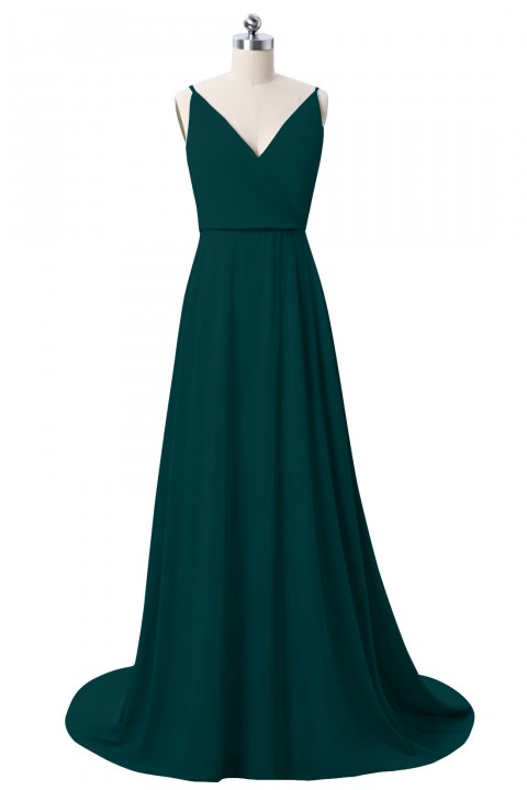 Low V Neck & Back Spaghetti Straps Bridesmaid Dress with Train