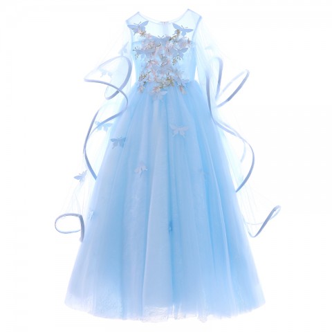Sky Blue Trumpet Sleeves Sequin & Flower Decor Butterfly Tulle Skirt Girls Pageant Dresses