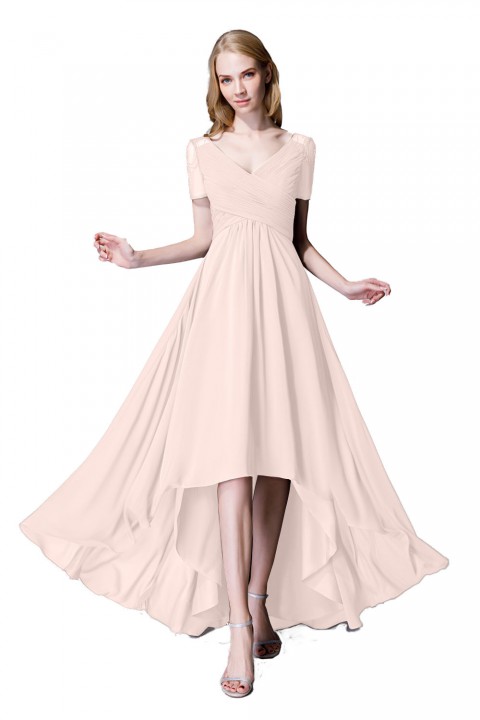 Criss Pleated V-neck High-low Chiffon Bridesmaid Dress with Illusion Sleeves