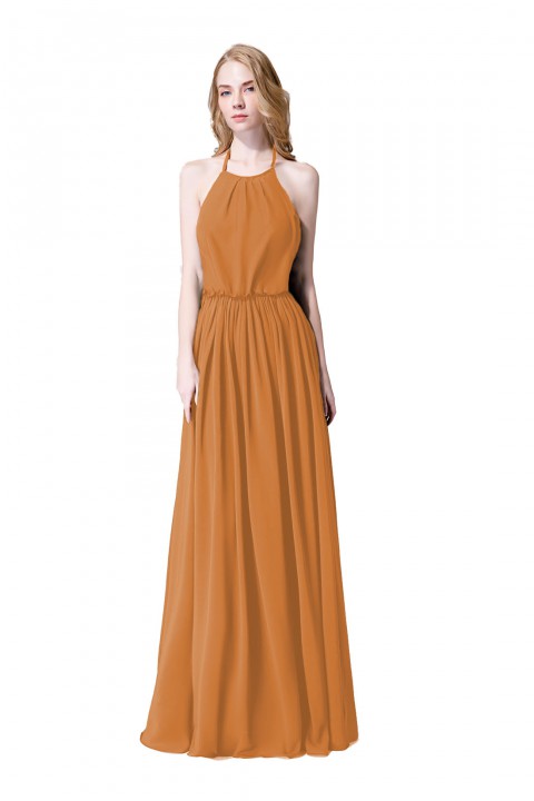 Halter Spaghetti Strap Open Back Chiffon Bridesmaid Dress with Sash