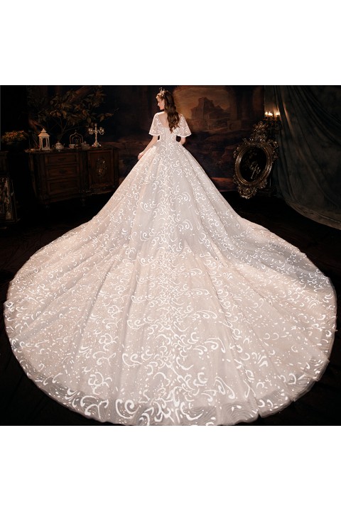 New 2021 Delicate Deep V-neck Short Sleeves Beaded Decor Fantasy Embroidered Tulle Wedding Dress With Long Train
