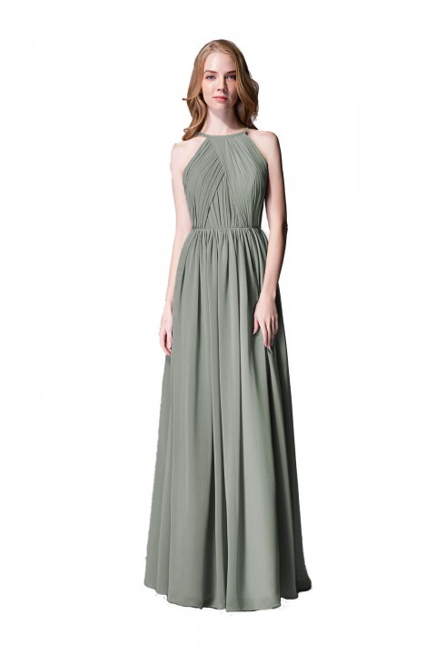 Pleated A-Line Halter Spaghetti-Straps Back Chiffon Bridesmaid Dress