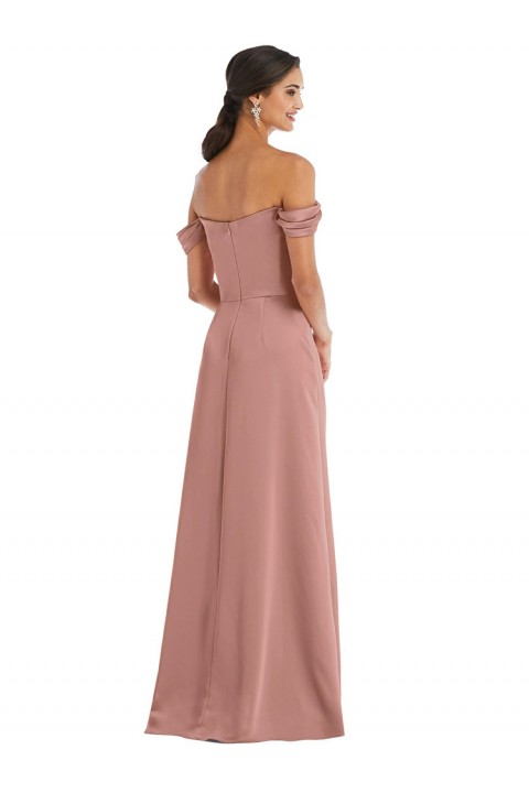 Blush Off Shoulder Short Sleeves Satin Bridesmaid Dress