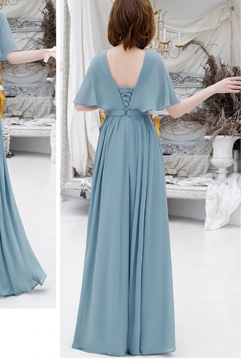 V Neck Bat Sleeve Pleated Chiffon Long Bridesmaid Dress with Corsage Back