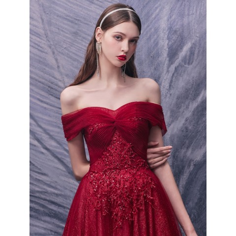 Red Off Shoulder Beaded Sequin Decor Shinny Tulle Party Dress