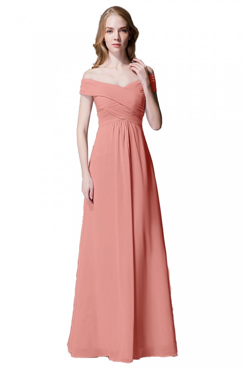 Crisscross Off-the-Shoulder Pleated V-back Bridesmaid Dress Long