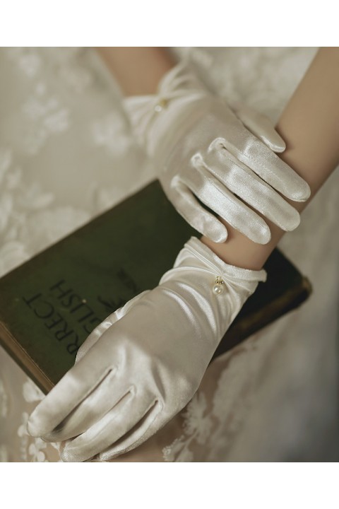 White Pearl Decor Thin Tulle&Satin Wedding Bridal Gloves